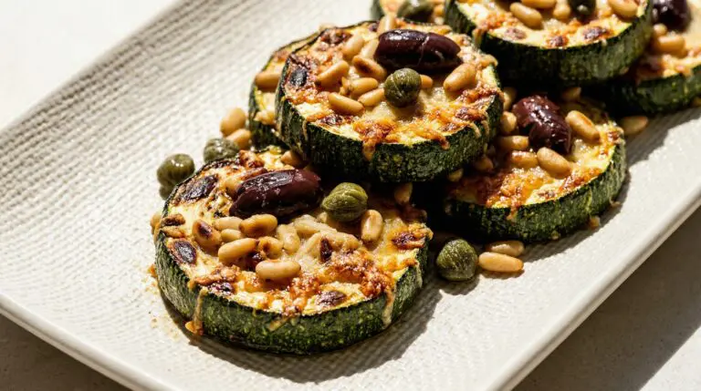 Stunning plated serving of Olive & Caper Roasted Zucchini, a chef-tested recipe by Chef Jorj Morgan.