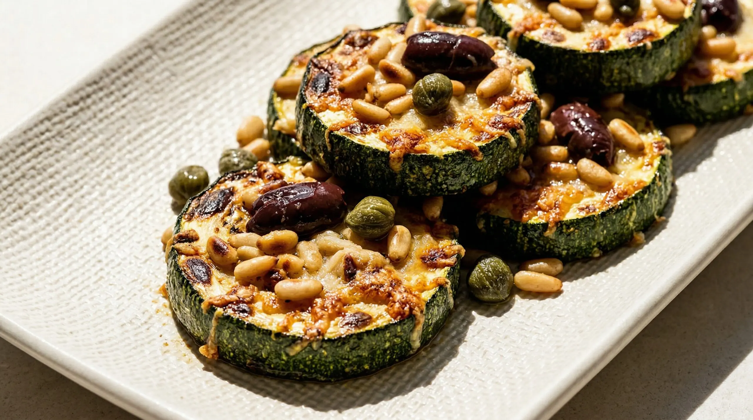 Stunning plated serving of Olive & Caper Roasted Zucchini, a chef-tested recipe by Chef Jorj Morgan.