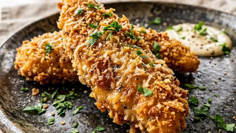 Stunning plated serving of Parmesan Panko Chicken Fingers, a chef-tested recipe by Chef Jorj Morgan.