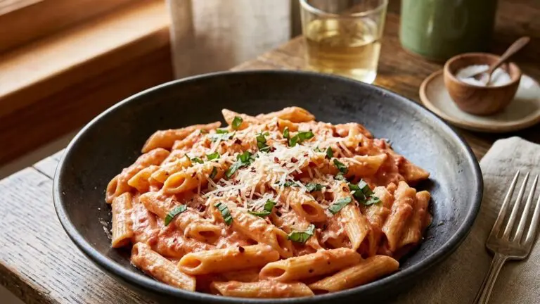 Stunning plated serving of Penne Pasta in Pink Sauce, a chef-tested recipe by Chef Jorj Morgan.