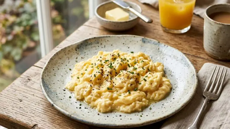 Stunning plated serving of Perfect Scrambled Eggs, a chef-tested recipe by Chef Jorj Morgan.