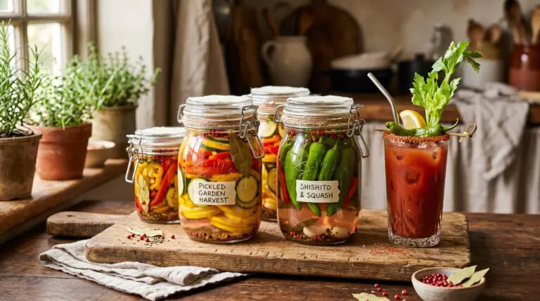Stunning plated serving of Pickled Shishito Peppers & Summer Vegetables, a chef-tested recipe by Chef Jorj Morgan.