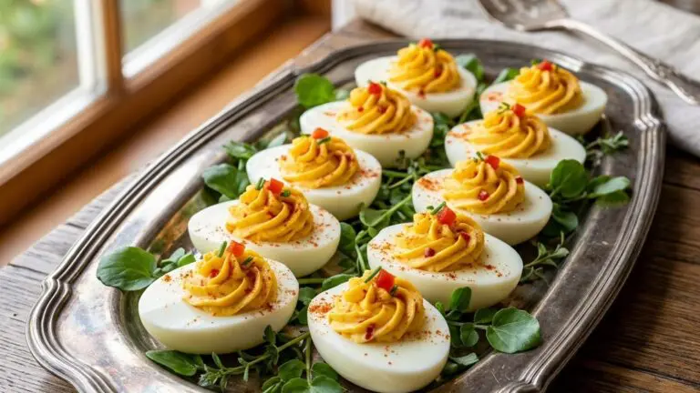 Stunning plated serving of Pimento Cheese Deviled Eggs, a chef-tested recipe by Chef Jorj Morgan.