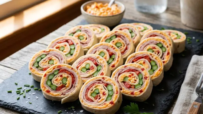 Stunning plated serving of Pimento Cheese Pin Wheels with Turkey, Ham, and Asparagus Spears, a chef-tested recipe by Chef Jorj Morgan.