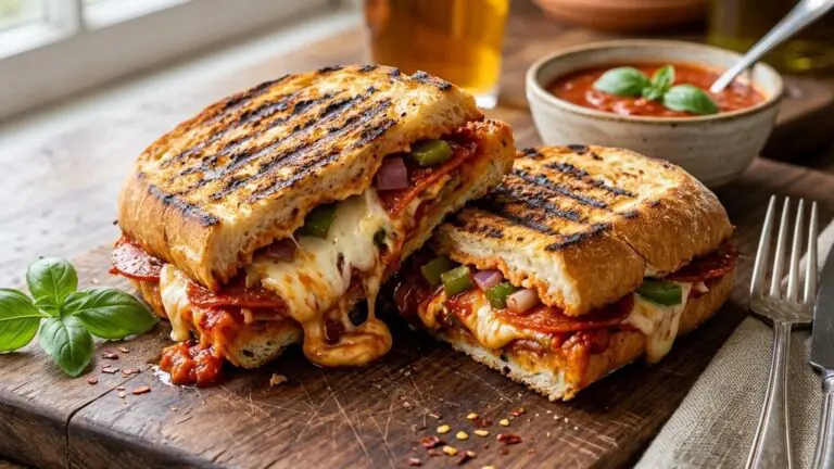 Stunning plated serving of Pepperoni Pizza Panini, a chef-tested recipe by Chef Jorj Morgan.