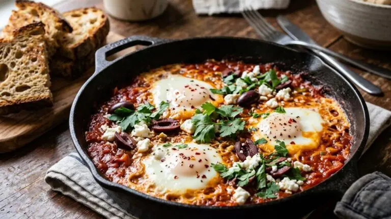 Stunning plated serving of Poached Eggs in Spiced Tomato Sauce with Olives and Feta Cheese, a chef-tested recipe by Chef Jorj Morgan.