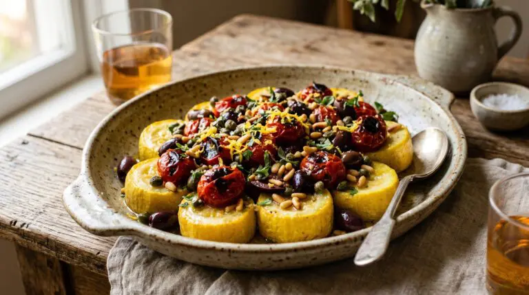 Stunning plated serving of Poached Zucchini & Roasted Tomatoes, a chef-tested recipe by Chef Jorj Morgan.