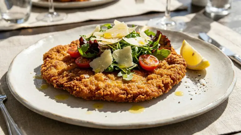Stunning plated serving of Pork Schnitzel Milanese, a chef-tested recipe by Chef Jorj Morgan.