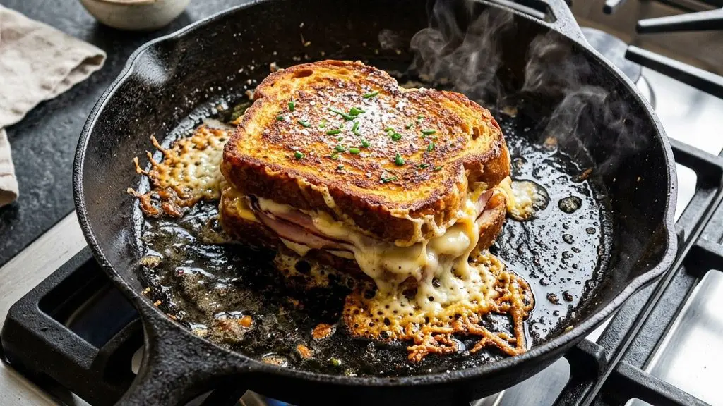 A heavy cast-iron skillet resting on a stovetop aggressively sizzling a thick-cut Monte Cristo sandwich with melting cheese.