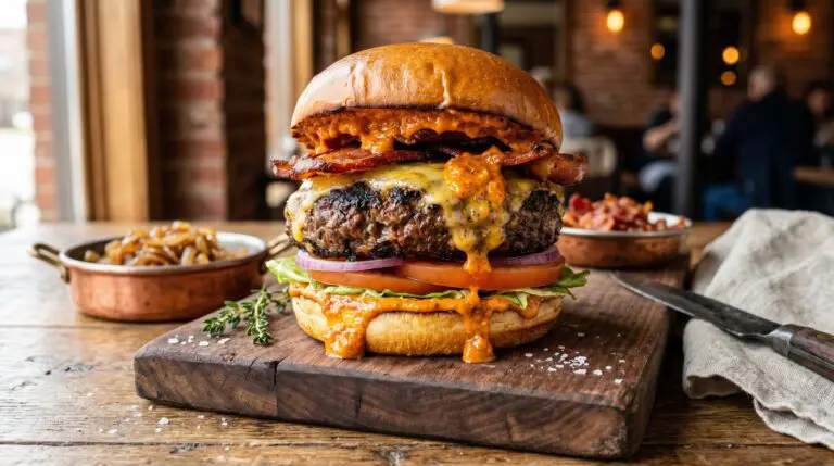 Stunning plated serving of Beef Brisket Burgers, a chef-tested recipe by Chef Jorj Morgan.
