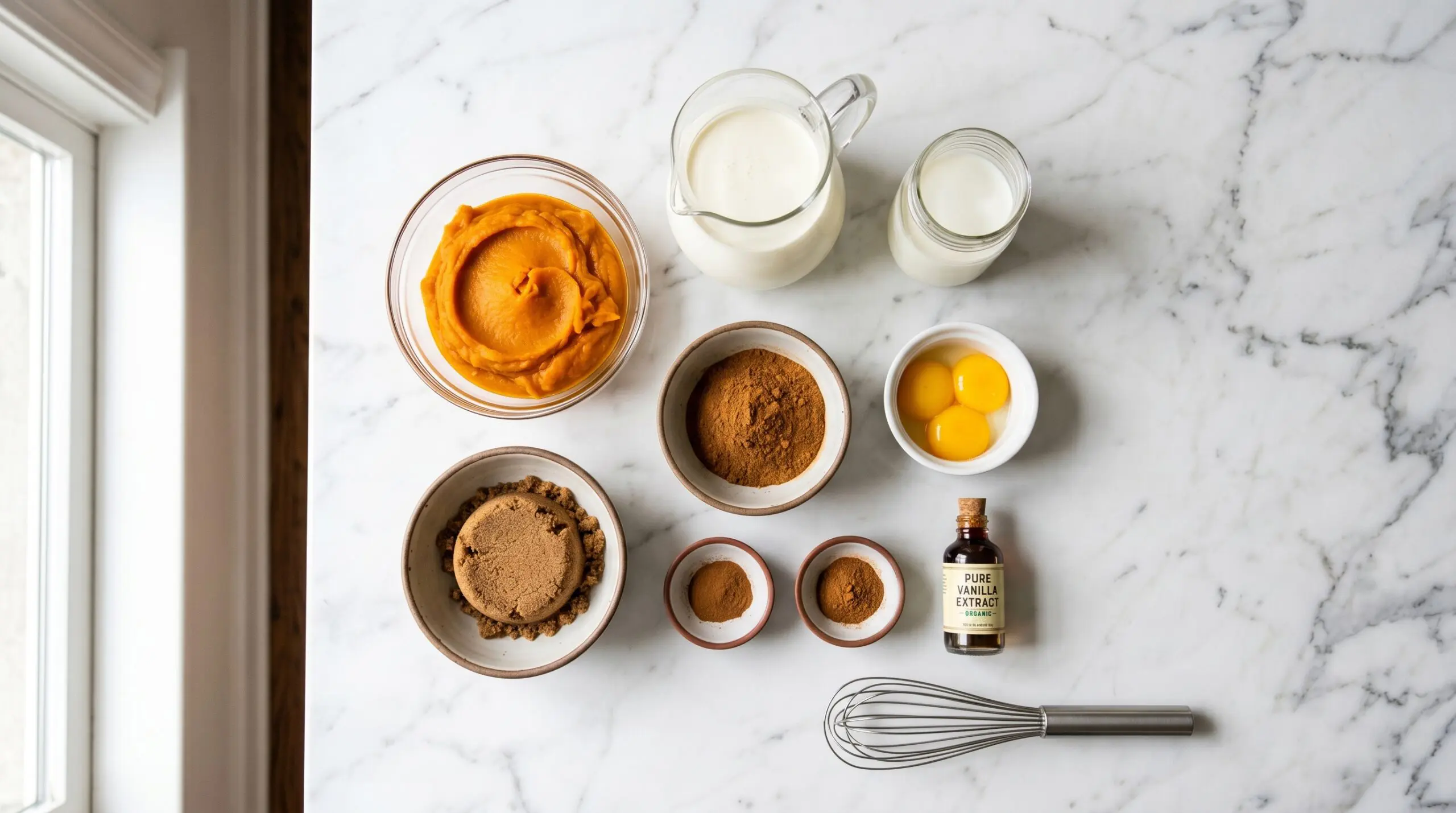 Mise-en-place flat-lay on a marble island showing pumpkin puree, dark brown sugar, raw egg yolks, vanilla extract, heavy cream, and pumpkin pie spices