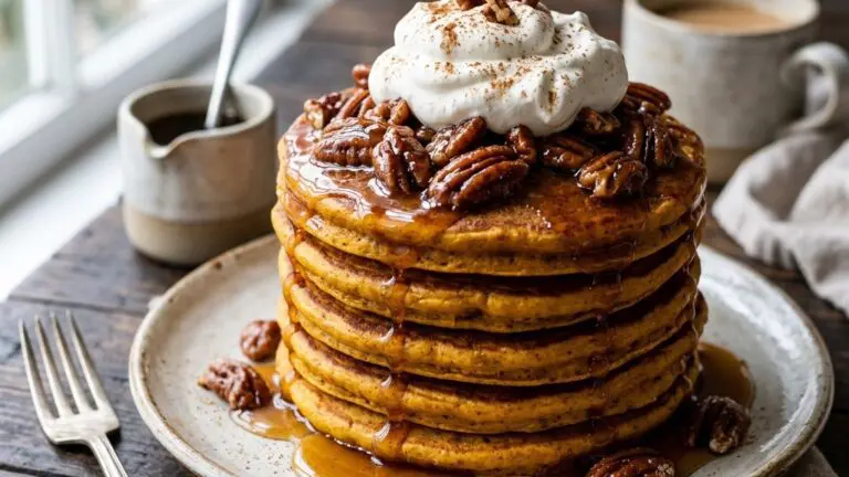 Stunning plated serving of Pumpkin Pie Pancakes with Sugared Pecans, a chef-tested recipe by Chef Jorj Morgan.