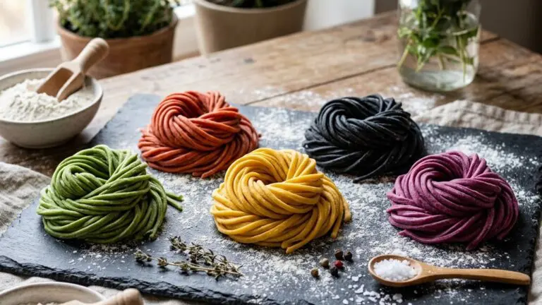 Stunning plated serving of A Rainbow of Fresh Pasta, a chef-tested recipe by Chef Jorj Morgan.