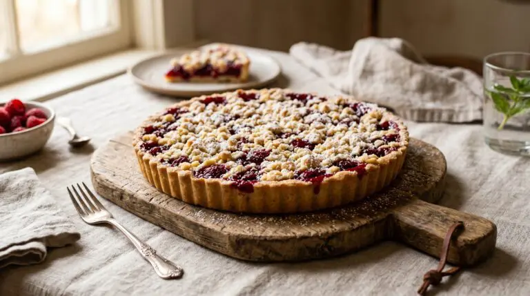 Stunning plated serving of Raspberry Shortbread Tart, a chef-tested recipe by Chef Jorj Morgan.