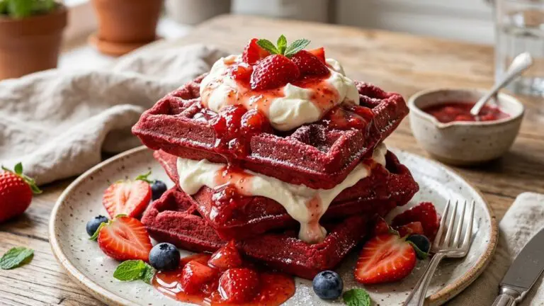 Stunning plated serving of Red Velvet Waffles with Strawberry Syrup and Mascarpone Cream, a chef-tested recipe by Chef Jorj Morgan.