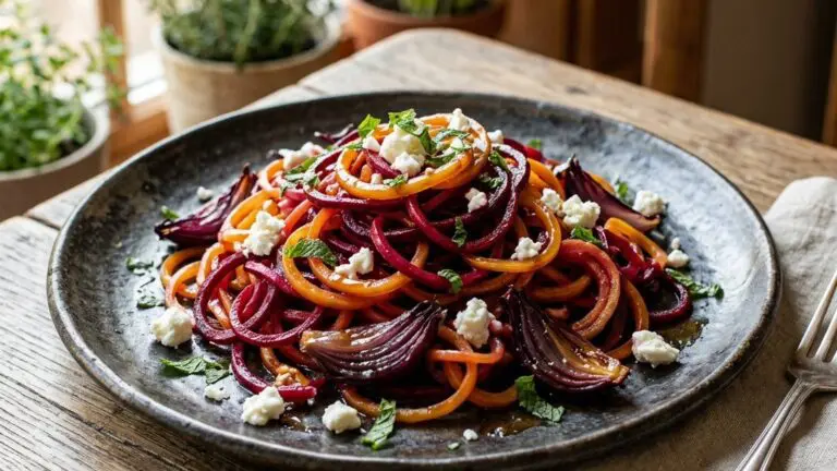 Stunning plated serving of Roasted Beet Noodles with Red Onion and Orange-Maple Glaze, a chef-tested recipe by Chef Jorj Morgan.