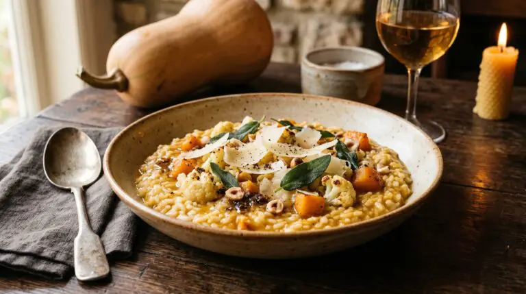 Stunning plated serving of Roasted Butternut & Cauliflower Risotto, a chef-tested recipe by Chef Jorj Morgan.