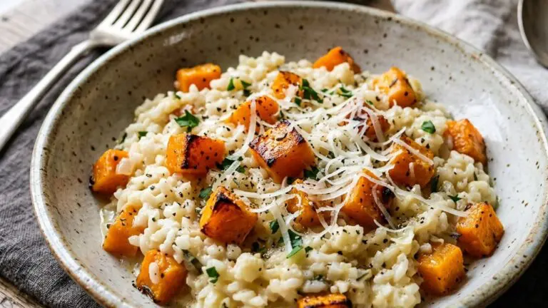 Stunning plated serving of Roasted Butternut & Cauliflower Risotto, a chef-tested recipe by Chef Jorj Morgan.