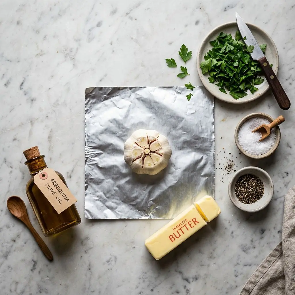 Overhead prep shot of a cut head of garlic, olive oil, foil, butter, salt, pepper, and fresh parsley