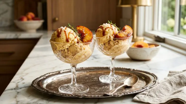 Stunning plated serving of Roasted Peach Caramel Ice Cream, a chef-tested recipe by Chef Jorj Morgan.