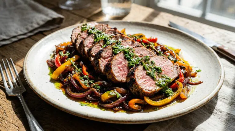 Stunning plated serving of Roasted Pork Tenderloin with Cilantro Vinaigrette, a chef-tested recipe by Chef Jorj Morgan.