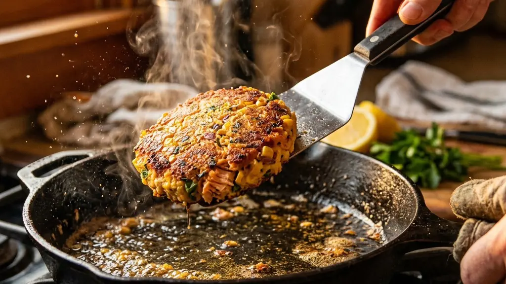 A dramatic 16:9 action shot of a silver spatula carefully flipping a golden-brown salmon and corn cake in a hot cast-iron skillet