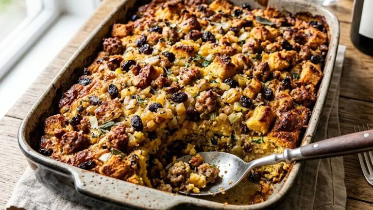 Stunning plated serving of Sausage & Raisin Cornbread Stuffing, a chef-tested recipe by Chef Jorj Morgan.