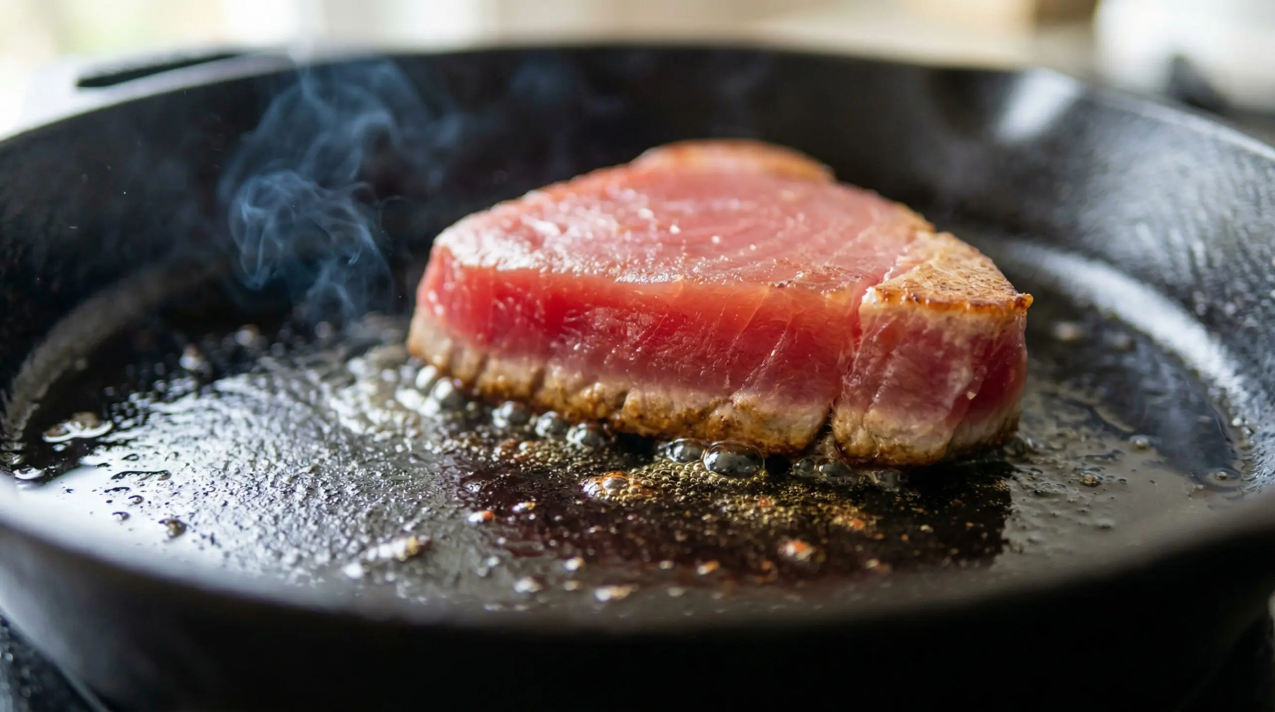 Macro detail of a thick tuna steak actively searing in shimmering olive oil inside a hot cast-iron skillet, with the center remaining a vibrant, raw ruby-red