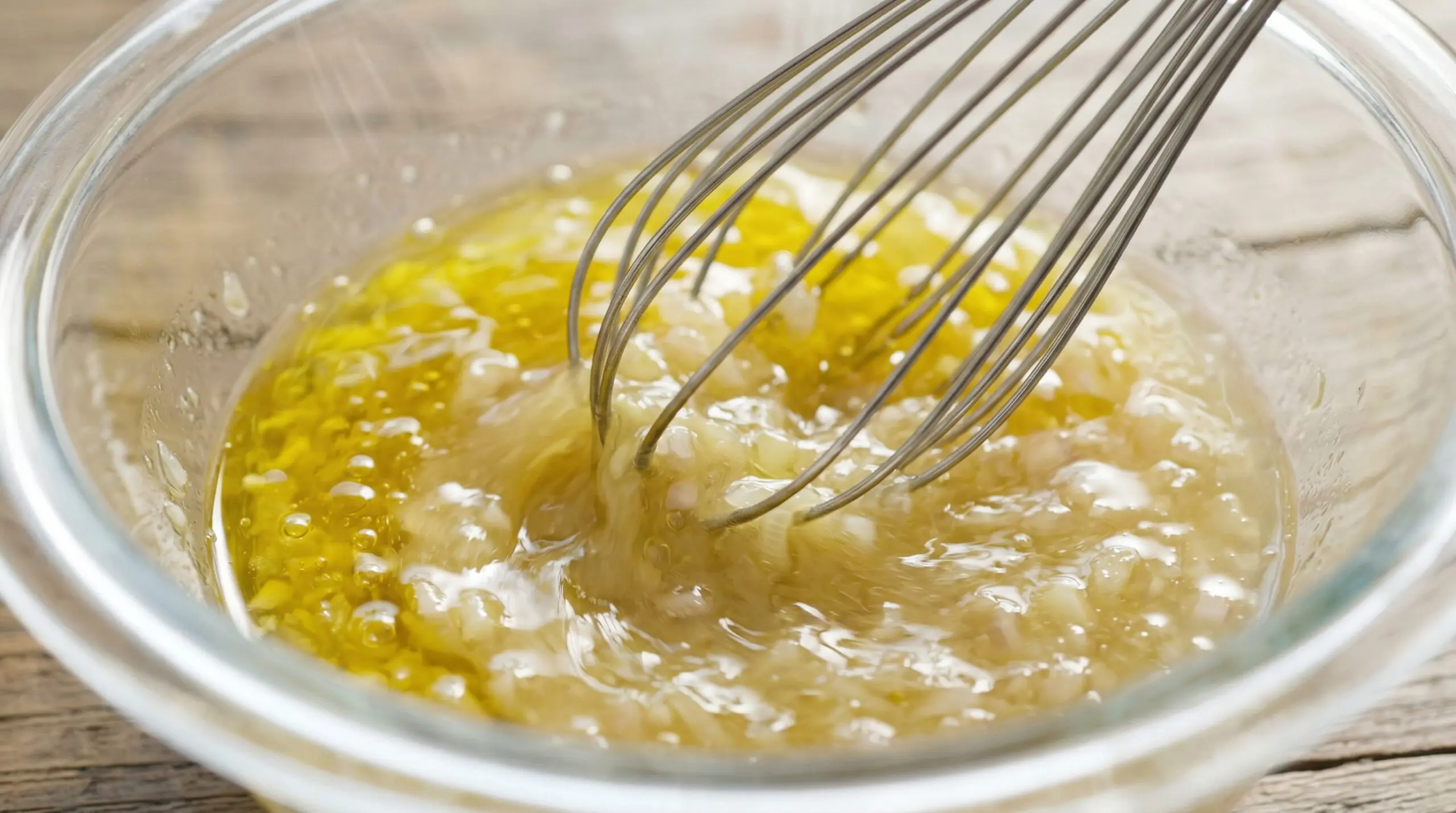 Silver whisk emulsifying premium olive oil with white balsamic and shallots