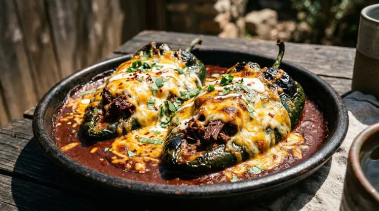Stunning plated serving of Short Rib Stuffed Poblano Peppers, a chef-tested recipe by Chef Jorj Morgan.