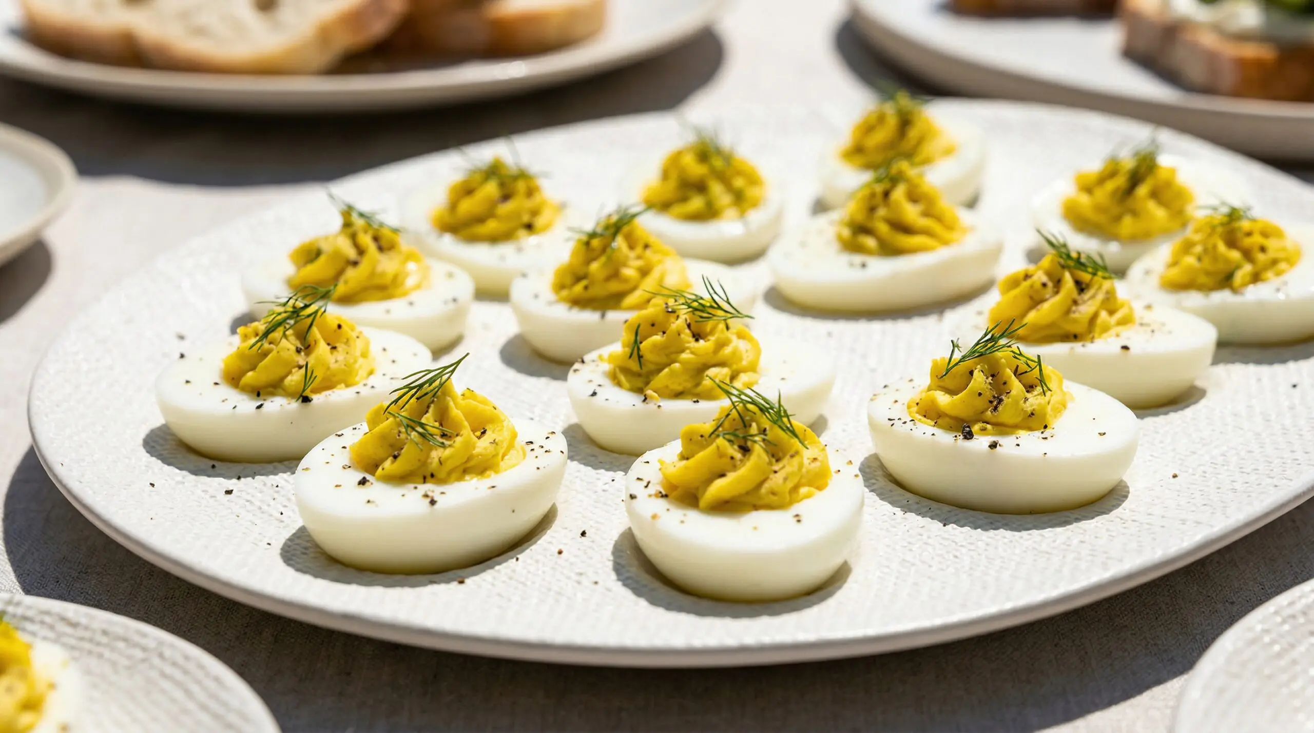 Stunning plated serving of Dijon and Fresh Dill Deviled Eggs, a chef-tested recipe by Chef Jorj Morgan.