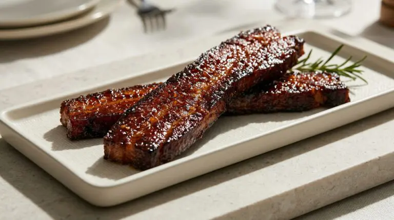 Stunning plated serving of Caramelized Brown Sugar Candied Bacon, a chef-tested recipe by Chef Jorj Morgan.