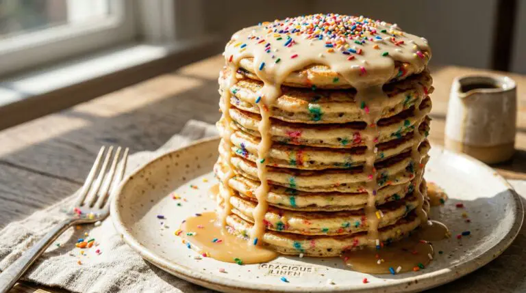Stunning plated serving of Sprinkle Pancakes with Maple Cream Glaze, a chef-tested recipe by Chef Jorj Morgan.