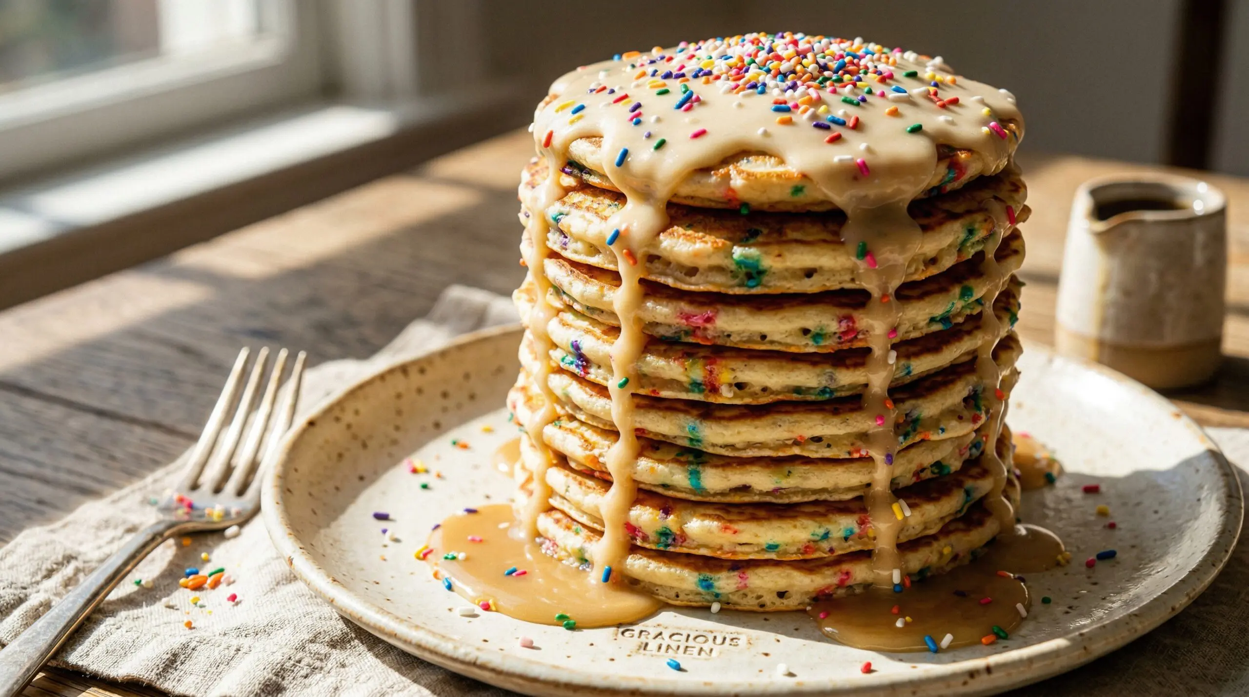 Stunning plated serving of Sprinkle Pancakes with Maple Cream Glaze, a chef-tested recipe by Chef Jorj Morgan.