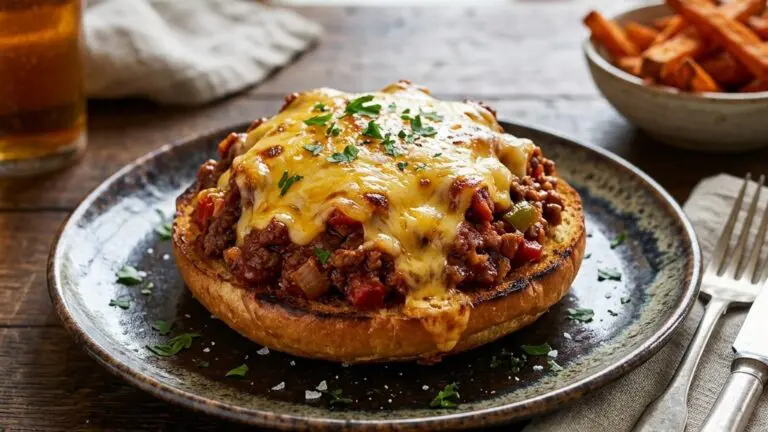 Stunning plated serving of Open-Faced Cheese-Topped Sloppy Joes, a chef-tested recipe by Chef Jorj Morgan.