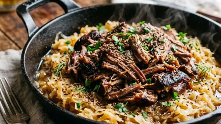 Stunning plated serving of Slow-Braised Pork Shoulder & Kraut, a chef-tested recipe by Chef Jorj Morgan.