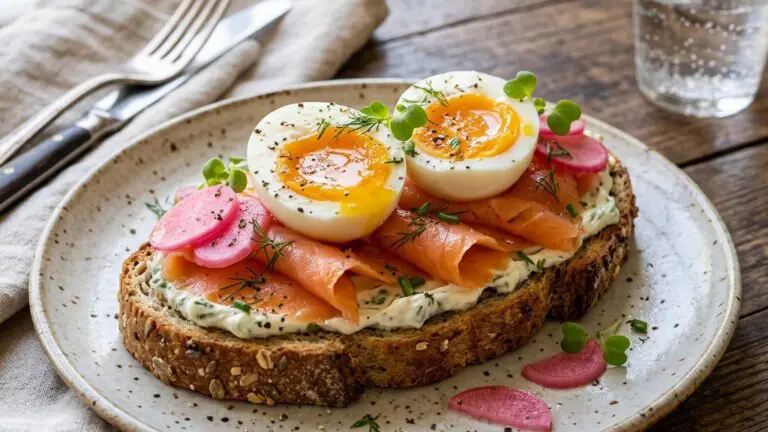 Stunning plated serving of Smoked Salmon Toasts with Scallion-Caper Cream Cheese, Pickled Radishes, and Jammy Eggs, a chef-tested recipe by Chef Jorj Morgan.