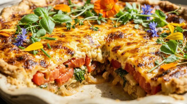 Stunning plated serving of Southern Heirloom Tomato Pie, a chef-tested recipe by Chef Jorj Morgan.