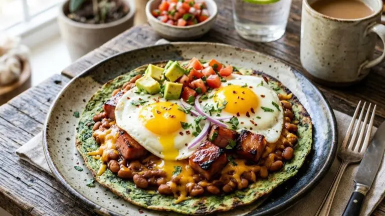 Stunning plated serving of Southern-Style Huevos Rancheros, a chef-tested recipe by Chef Jorj Morgan.
