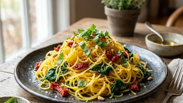 Stunning plated serving of Honey Roasted Spaghetti Squash with Spinach and Sun-dried Tomatoes, a chef-tested recipe by Chef Jorj Morgan.