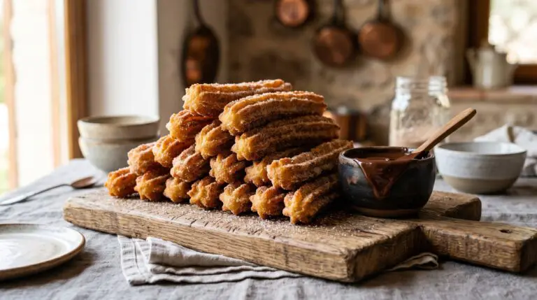 Stunning plated serving of Spanish Churros & Chocolate Sauce, a chef-tested recipe by Chef Jorj Morgan.