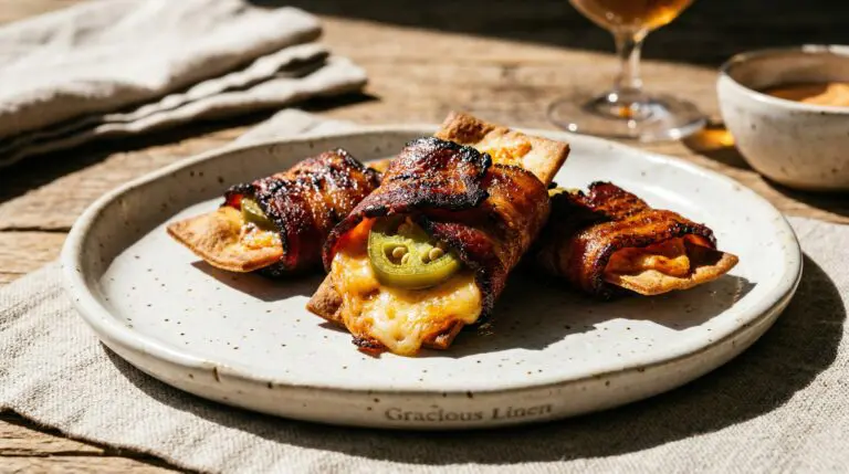 Stunning plated serving of Bacon-Wrapped Spicy-Cheesy Baked Pita Bites, a chef-tested recipe by Chef Jorj Morgan.