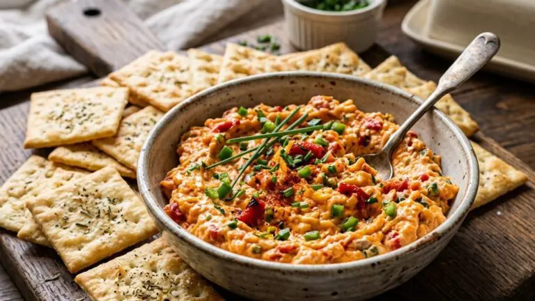 Stunning plated serving of Chili-Spiced Pimento Cheese with Crack Crackers, a chef-tested recipe by Chef Jorj Morgan.