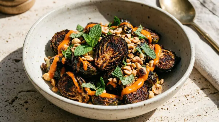 Stunning plated serving of Sriracha Roasted Brussels Sprouts, a chef-tested recipe by Chef Jorj Morgan.
