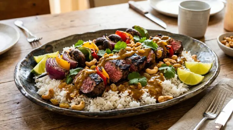 Stunning plated serving of Steak Kabobs with Coconut Rice & Curry, a chef-tested recipe by Chef Jorj Morgan.