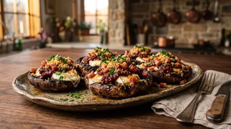 Stunning plated serving of Stuffed Portobello Mushrooms, a chef-tested recipe by Chef Jorj Morgan.
