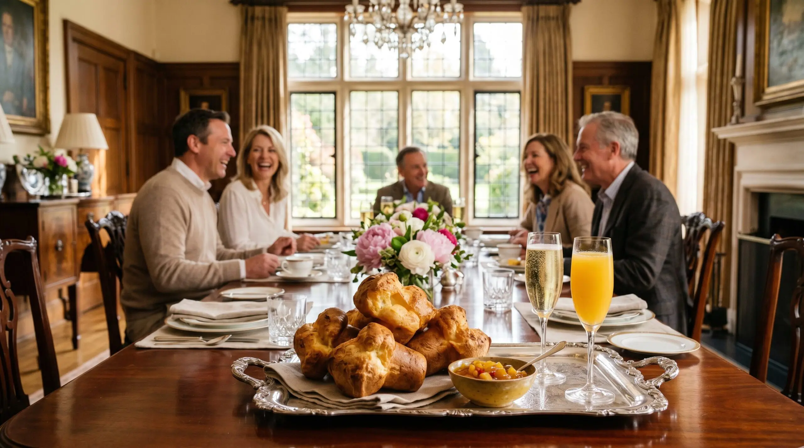 Elegant indoor estate dining room during a sunlit Sunday brunch gathering with couples laughing, a silver tray of golden popovers and Mimosas in the foreground