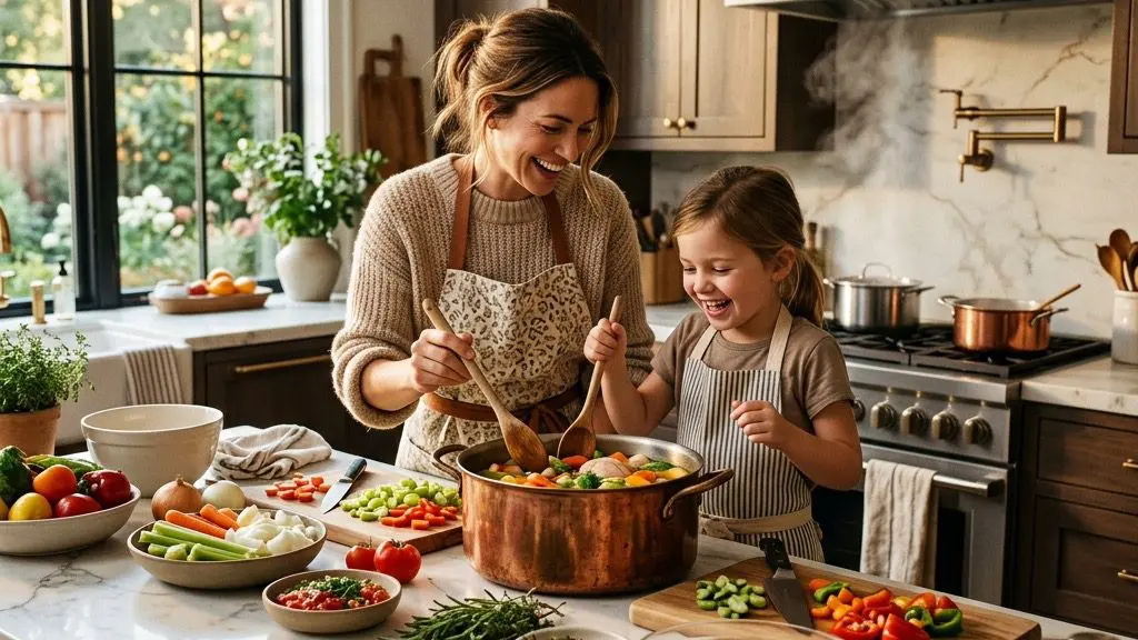 A smiling mother and her child gracefully chopping fresh colorful vegetables for a chicken soup in a modern kitchen.