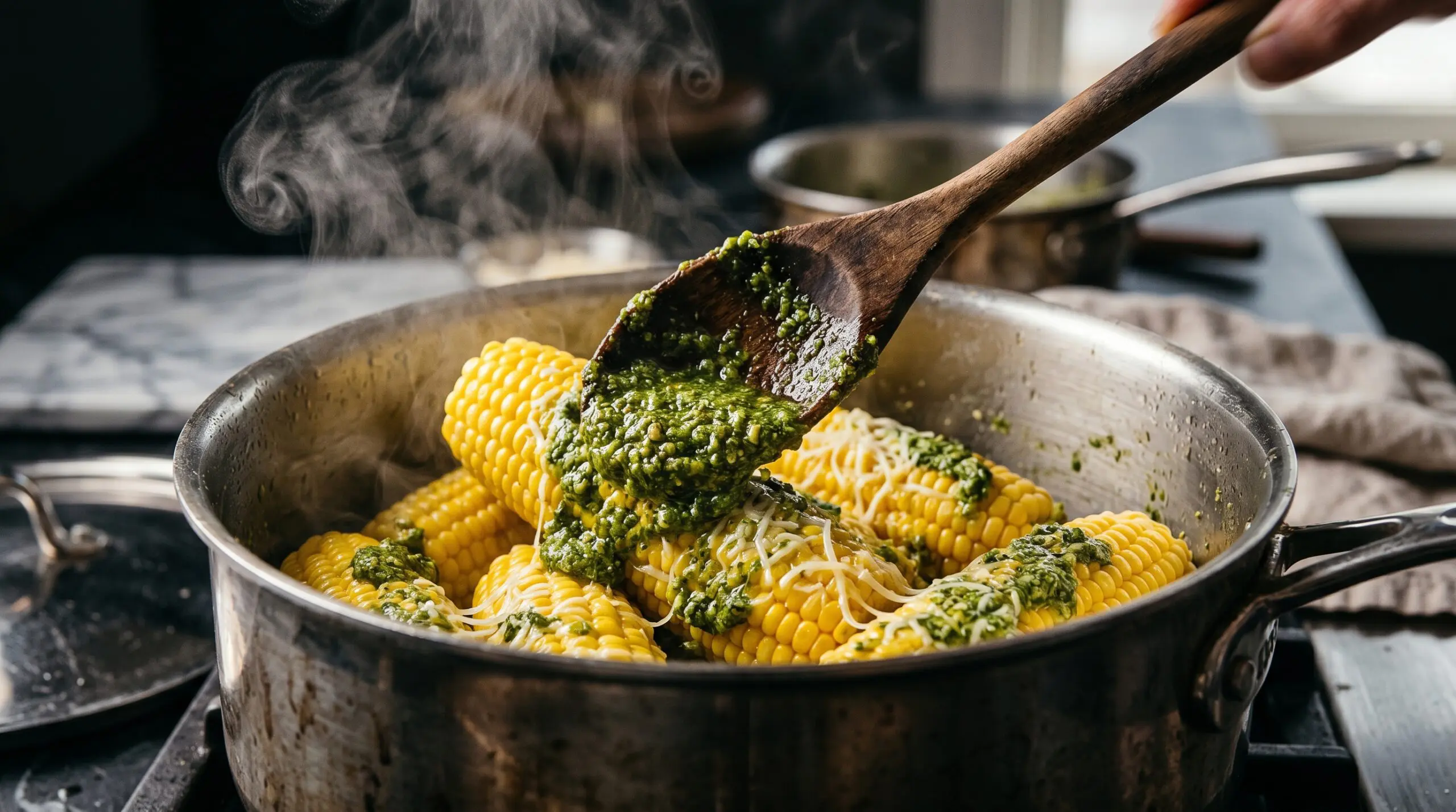 Action shot of a wooden spoon spreading thick, vibrant green pesto over hot yellow kernels of corn inside a deep stainless steel pot