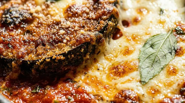 Stunning plated serving of Triple-Crusted Eggplant Parmesan, a chef-tested recipe by Chef Jorj Morgan.